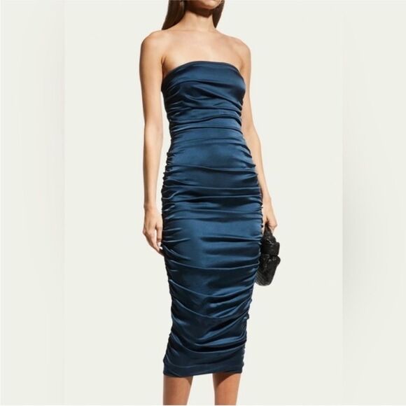 Veronica Beard "Kupa" ruched strapless midi dress luxe silk Petrol 8 NWT $648 - Picture 3 of 5